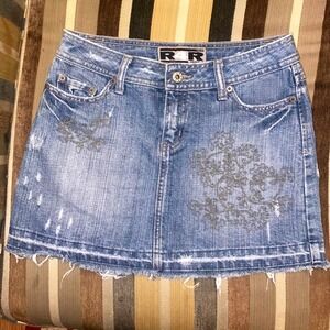Y2K R4R Rave Jeans Blue Denim Mini Skirt Embroidered Distressed sz 3